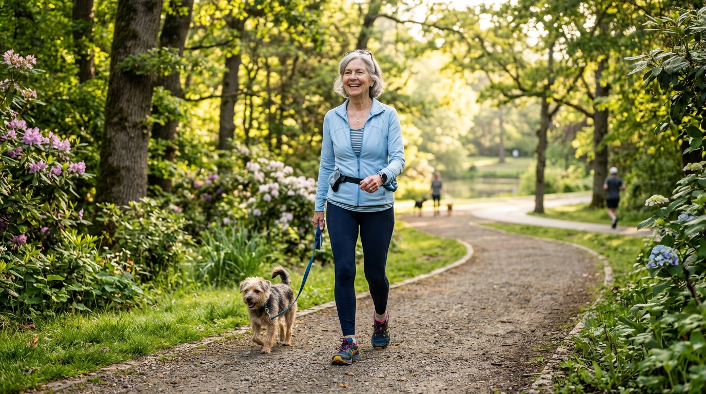 Aktív idős asszony reggeli sétán a parkban