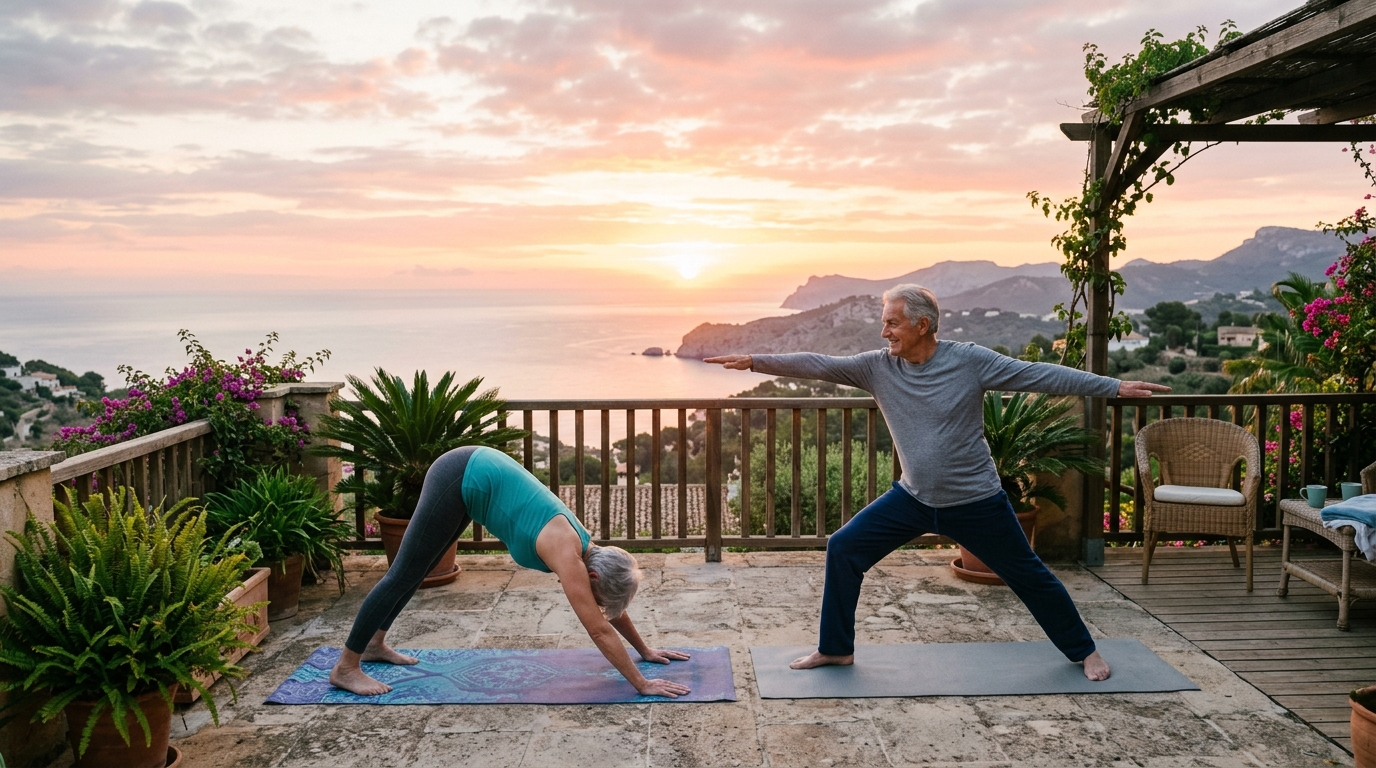 Idős pár reggeli jóga közben a teraszon napfelkeltekor